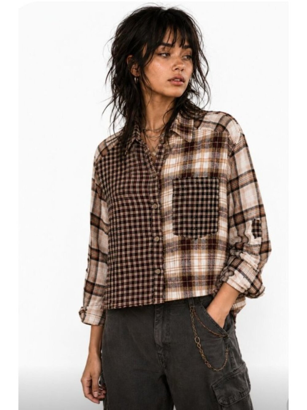 American Eagle Womens Flannel Shirt Boho Patchwork Plaid Outdoor School Size S